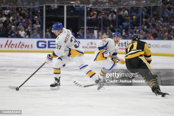 Casey Mittelstadt of the Buffalo Sabres skates during the second period of an NHL hockey game against the Pittsburgh Penguins at KeyBank Center on...