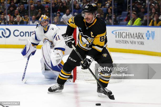 Sidney Crosby of the Pittsburgh Penguins skates during the first period of an NHL hockey game against the Buffalo Sabres at KeyBank Center on...