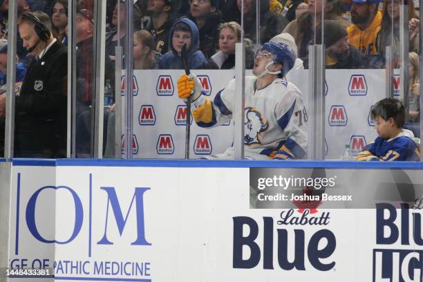 Jacob Bryson of the Buffalo Sabres sits in the penalty box during the second period of an NHL hockey game against the Pittsburgh Penguins at KeyBank...