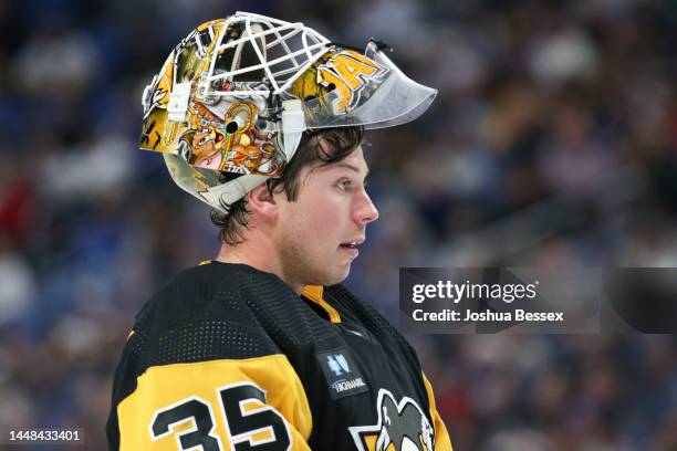 Tristan Jarry of the Pittsburgh Penguins during the second period of an NHL hockey game against the Buffalo Sabres at KeyBank Center on December 09,...