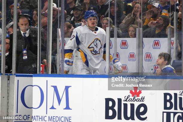 Casey Mittelstadt of the Buffalo Sabres goes into the penalty box during the second period of an NHL hockey game against the Pittsburgh Penguins at...