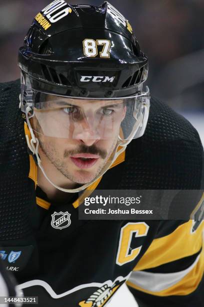 Sidney Crosby of the Pittsburgh Penguins during the second period of an NHL hockey game against the Buffalo Sabres at KeyBank Center on December 09,...