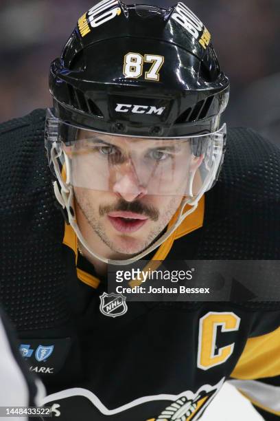 Sidney Crosby of the Pittsburgh Penguins during the second period of an NHL hockey game against the Buffalo Sabres at KeyBank Center on December 09,...