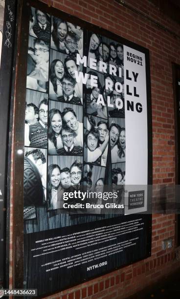 Signage at the opening night of the New York Theatre Workshop production of the musical "Merrily We Roll Along" at The New York Theatre Workshop...