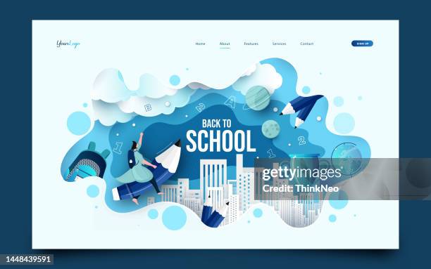 back to school banner design mit rucksack und schulmaterial - high school stock-grafiken, -clipart, -cartoons und -symbole