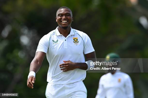 Lungi Ngidi of South Africa smiles during the Tour Match between Australia A and South Africa at Allan Border Field on December 12, 2022 in Brisbane,...