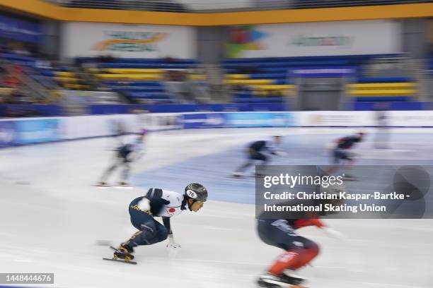 Keita Watanabe of Japan performs during the ISU World Cup Short Track at Halyk Arena on December 11, 2022 in Almaty, Kazakhstan.