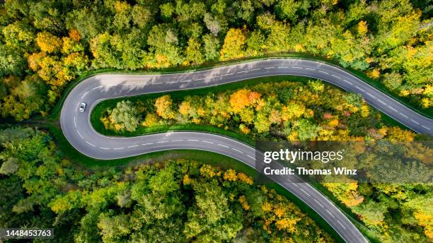 winding highway through a forest from above - hairpin curve stock-fotos und bilder