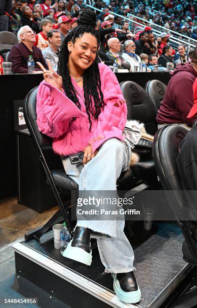 Actress Crystal Hayslett attends the game between the Chicago Bulls and the Atlanta Hawks at State Farm Arena on December 11, 2022 in Atlanta,...