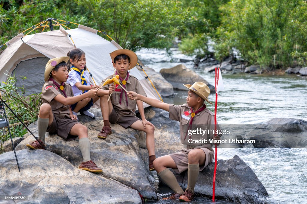 Scouting Fun Boy Scouts Having Fun During Adventure Travel And Camping Activity In ...
