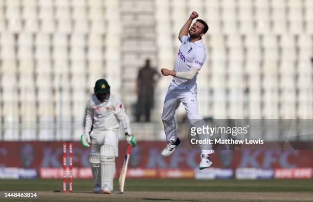 Mark Wood of England celebrates dismissing Zahid Mahmood of Pakistan during the Second Test Match between Pakistan and England at Multan Cricket...