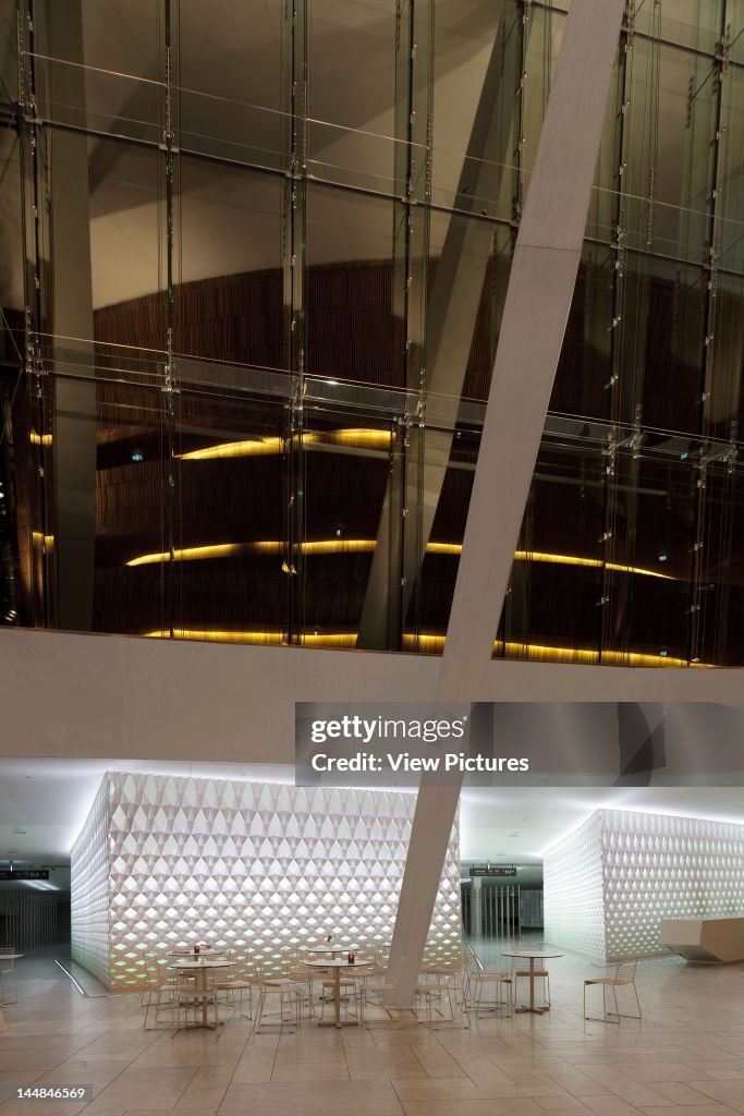 Oslo Opera House (Operaen), Kirsten Flagstads Plass, Oslo, Greater Oslo, Norway Architect:  Snohetta 2008 Oslo Opera House (Operaen), Snøhetta, Oslo Norway, 2008, 'The Other Wall' Box Volume In Foyer At Night