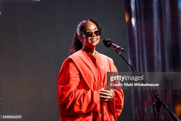 Speaks onstage during the Get Lit-Words Ignite Gala Honoring H.E.R. At The GRAMMY Museum on December 11, 2022 in Los Angeles, California.