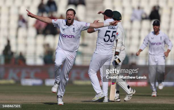 Ollie Robinson of England celebrates taking the final wicket of Mohammad Ali of Pakistan to win the Second Test Match between Pakistan and England at...