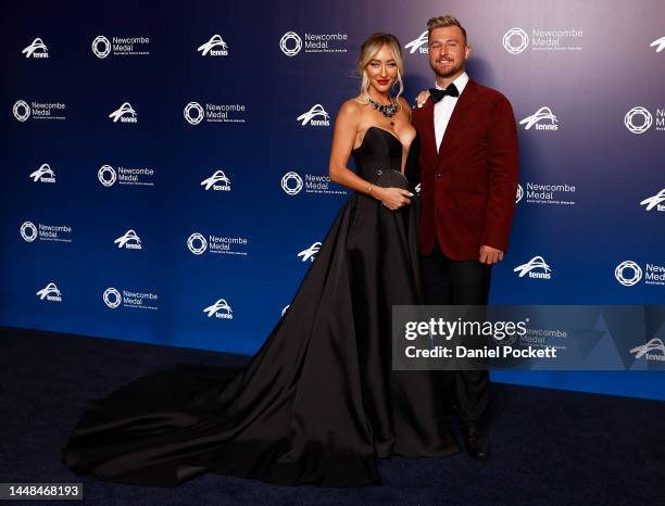 Omar Jasika and partner Hannah King arrive ahead of the 2022 Newcombe Medal at Crown Entertainment Complex on December 12, 2022 in Melbourne,...