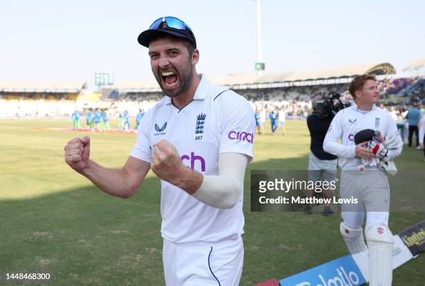 Mark Wood of England celebrates after winning the Second Test Match between Pakistan and England at Multan Cricket Stadium on December 12, 2022 in...