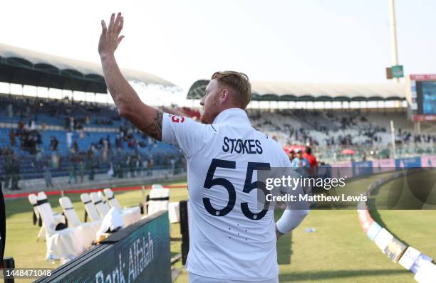 England captain Ben Stokes leaves the field after winning the Second Test Match between Pakistan and England at Multan Cricket Stadium on December...