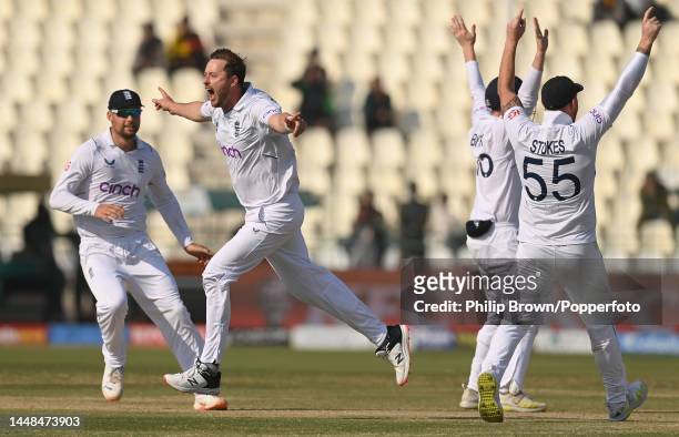 Ollie Robinson celebrates with Will Jacks after dismissing Mohammad Ali of Pakistan as England won the second Test between Pakistan and England by 26...