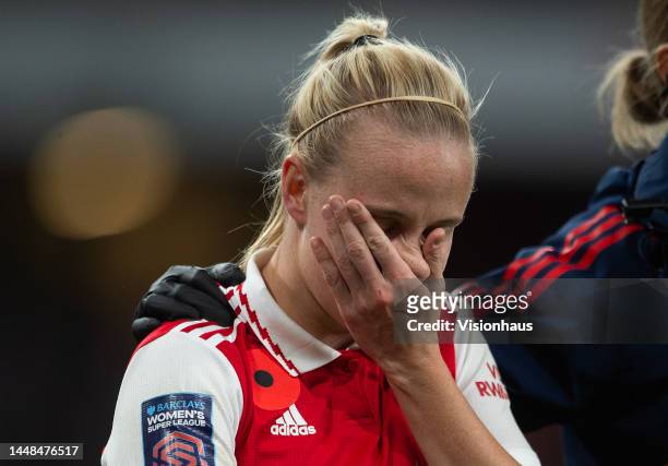 Beth Mead of Arsenal Women is dejected after suffering an ACL injury during the FA Women's Super League match between Arsenal and Manchester United...