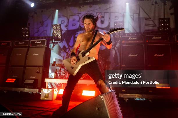 Australian singer and guitarist Joel O'Keeffe performs with Australian band Airbourne in concert at Alcatraz. Milan , December 5th 2022