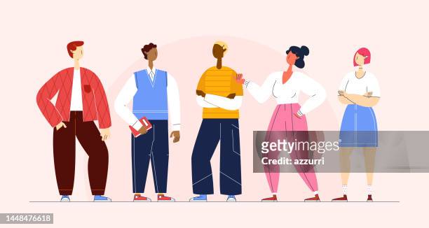 five people together. flat style cartoon illustration. - employee engagement graphic stock illustrations