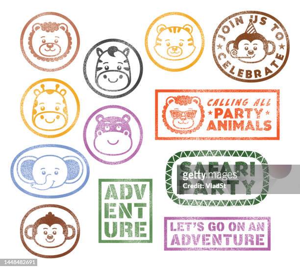 stockillustraties, clipart, cartoons en iconen met zoo animals safari themed birthday party rubber stamps - safari animals