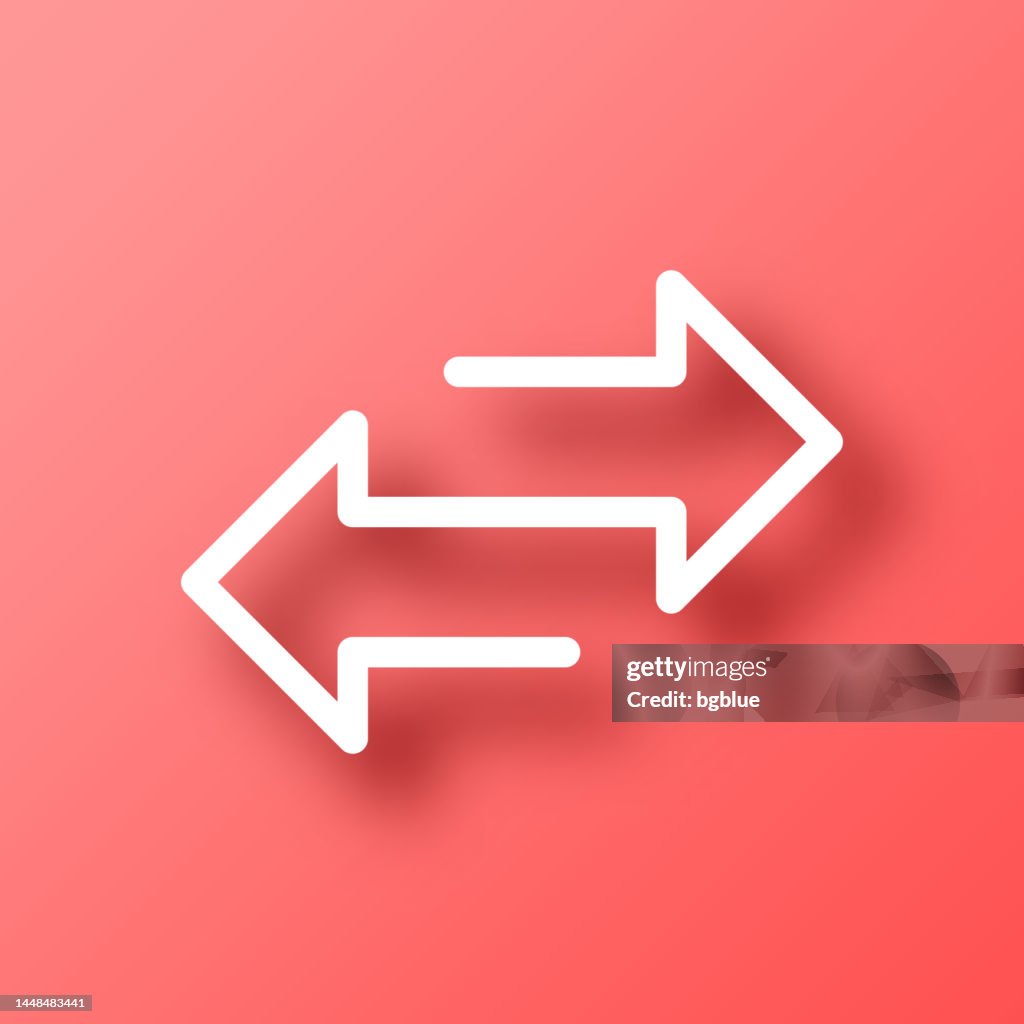 Pfeile übertragen. Symbol auf rotem Hintergrund mit Schatten