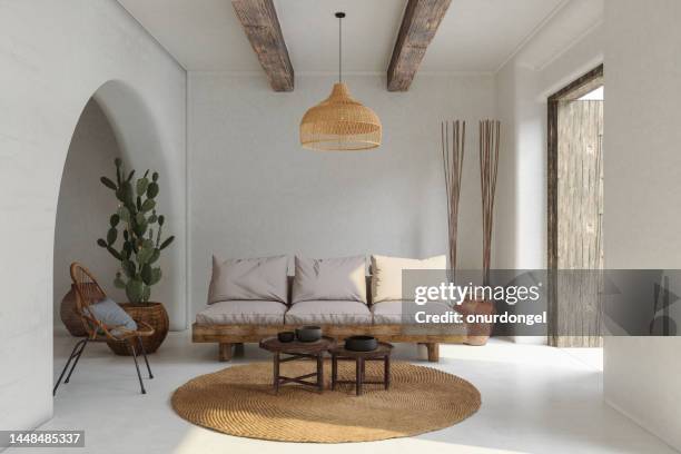 wohnzimmer interieur mit sofa, korbsessel, kaktuspflanze und couchtisch - innenarchitektur stock-fotos und bilder