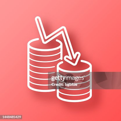 Money decrease. Icon on Red background with shadow Money decrease. Icon on Red background with shadow