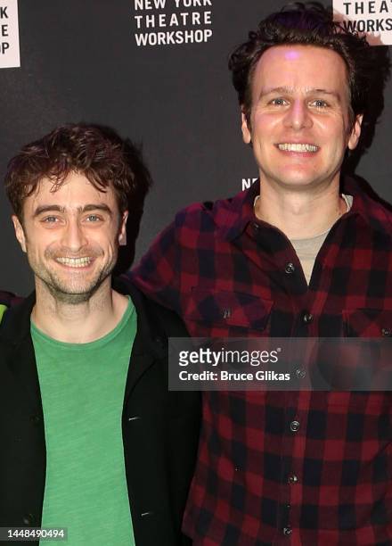 Daniel Radcliffe and Jonathan Groff pose at the opening night of the New York Theatre Workshop production of the Stephen Sondheim musical "Merrily We...