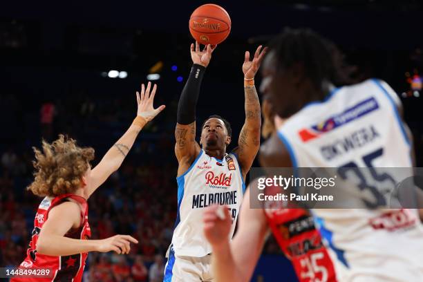 Rayjon Tucker of Melbourne United puts a shot up during the round 10 NBL match between Perth Wildcats and Melbourne United at RAC Arena, on December...