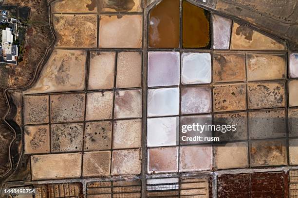 overhead aerial view of salinas de janubio salt flats and playa del janubio black volcanic beach, lanzarote, canary islands, spain. - overhead desert stockfoto's en -beelden