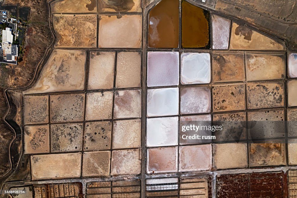 Overhead aerial view of Salinas de Janubio salt flats and Playa del Janubio black volcanic beach, Lanzarote, Canary islands, Spain.