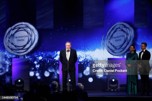 John Newcombe speaks during the 2022 Newcombe Medal at Crown Entertainment Complex on December 12, 2022 in Melbourne, Australia.