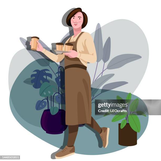 beautiful young woman/barista serving coffee with smile in coffee café, small business concept. - young women stock illustrations