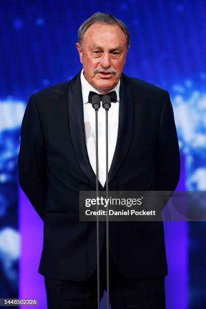 John Newcombe speaks during the 2022 Newcombe Medal at Crown Entertainment Complex on December 12, 2022 in Melbourne, Australia.