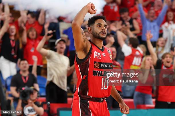 Corey Webster of the Wildcats celebrates a basket during the round 10 NBL match between Perth Wildcats and Melbourne United at RAC Arena, on December...