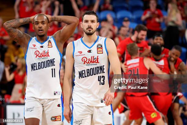 Xavier Rathan-Mayes and Chris Goulding of Melbourne United look on dejected after losing the round 10 NBL match between Perth Wildcats and Melbourne...