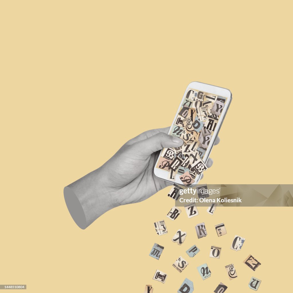 Contemporary art collage of a hand holding a mobile phone.