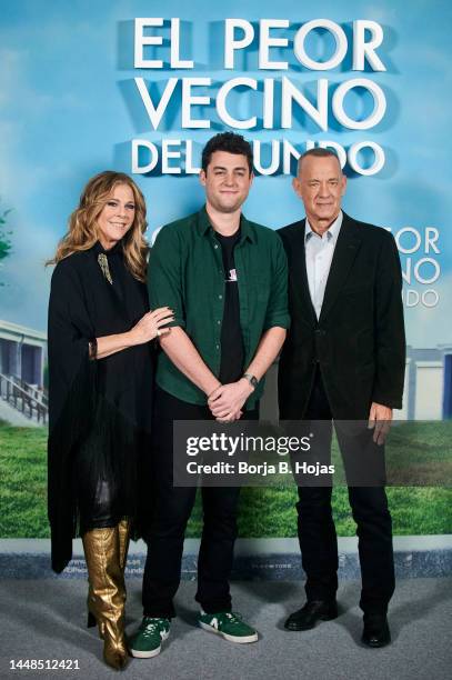 Rita Wilson, Truman Hanks and Tom Hanks attend to 'El Peor Vecino Del Mundo' Madrid Photocall at Ritz Mandarin Hotel on December 12, 2022 in Madrid,...