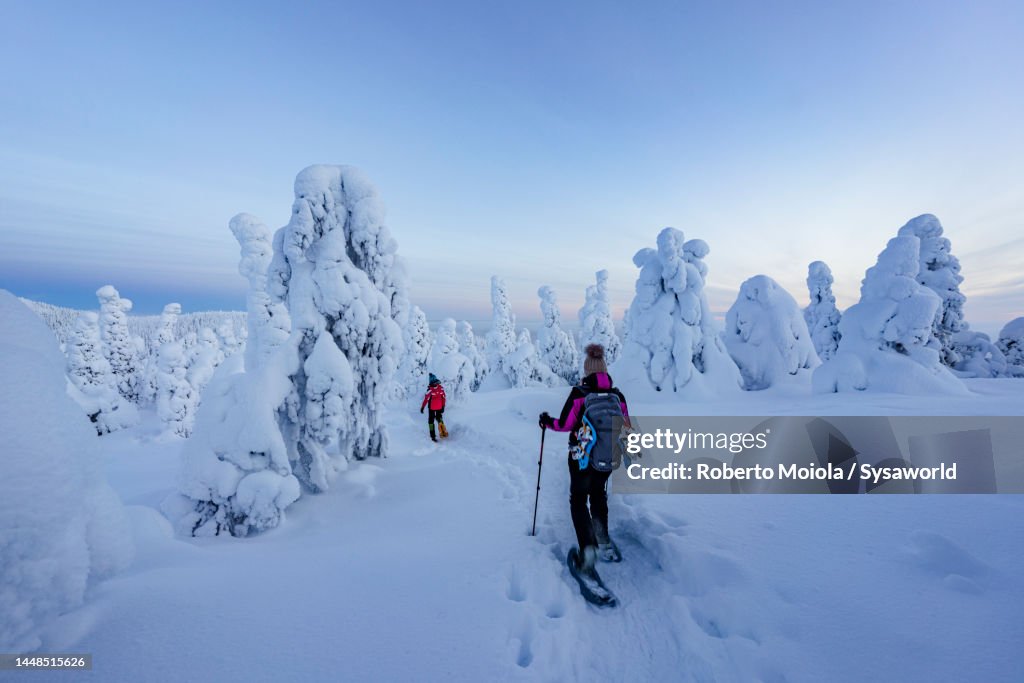 Mother and son snowshoeing on trail in a snowy forest