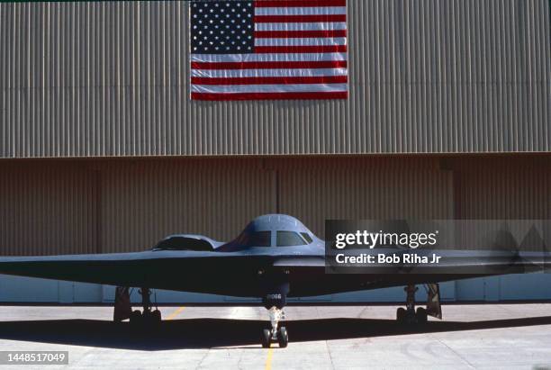 The U.S. Air Force Stealth B-2 Bomber is unveiled to the world for the first time during rollout ceremony at Air Force Plant, November 22, 1988 in...
