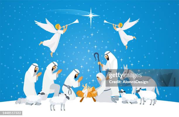 stockillustraties, clipart, cartoons en iconen met birth of christ. nativity scene. christmas scene and shepherd. - kneeling