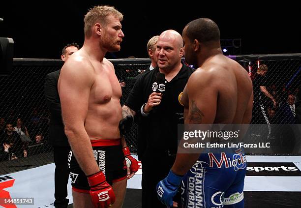 Josh Barnett and Daniel Cormier face off before their fight during the Strikeforce event at HP Pavilion on May 19, 2012 in San Jose, California.