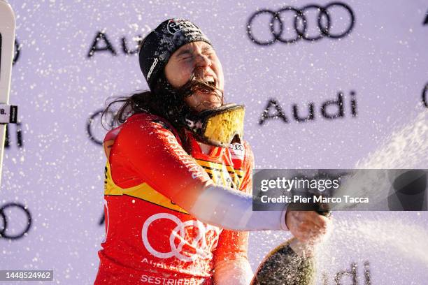 Wendy Holdener of the Switzerland team reacts at the finish area after podium ceremony for her first place during the Audi FIS Alpine Ski World Cup...