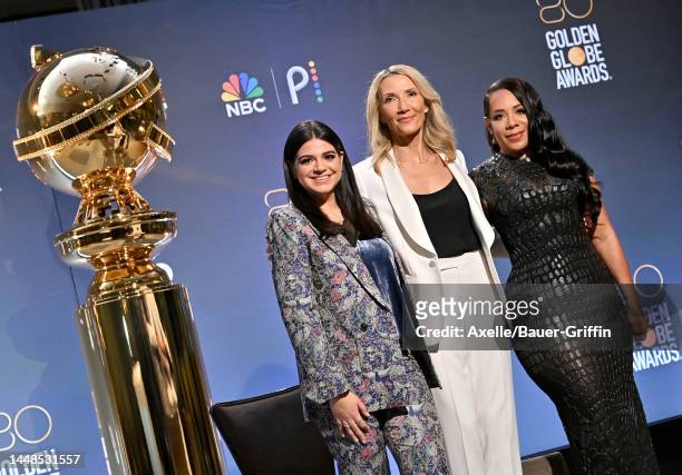 Mayan Lopez, Helen Hoehne and Selenis Leyva attend the 80th Annual Golden Globe Awards Nominations at The Beverly Hilton on December 12, 2022 in...