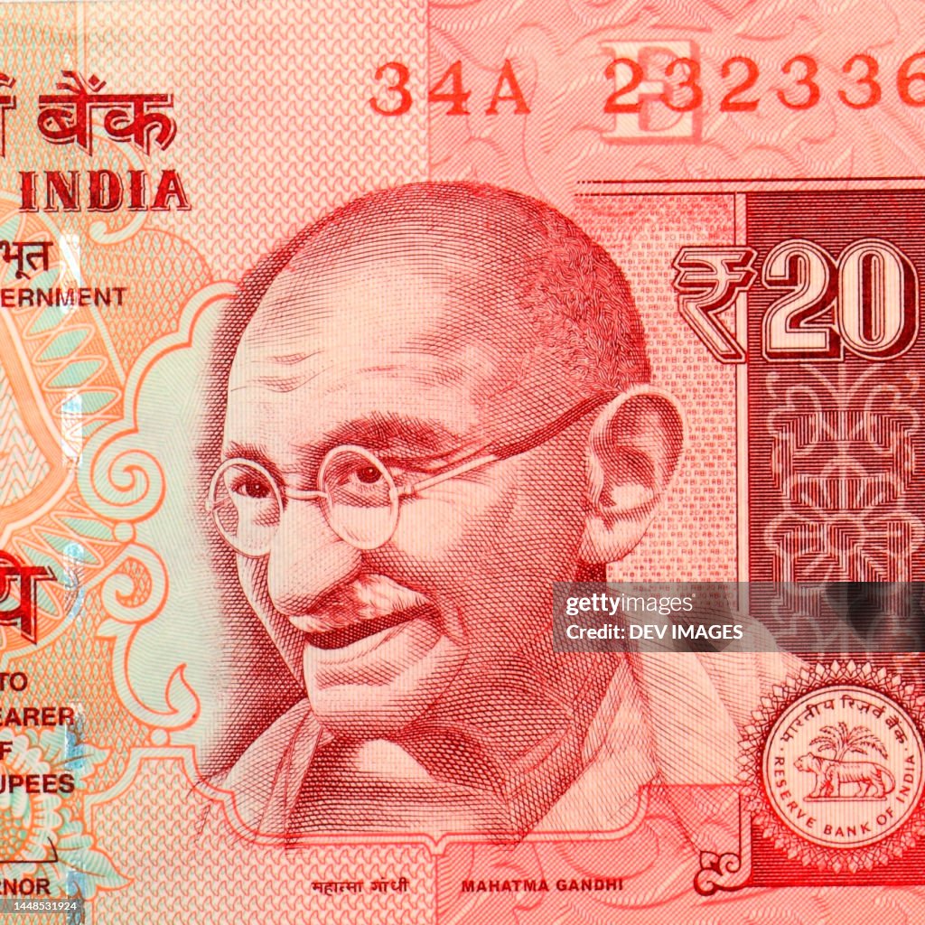 2 Ruppee Note Mahatma Gandhi On Indian Twenty Rupee Note High-Res Stock Photo - Getty ...