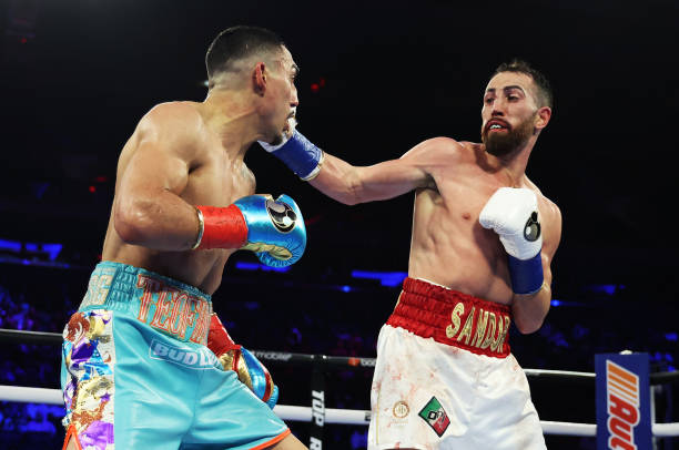 Sandor Martin punches Teofimo Lopez during their junior welterweight bout at Madison Square Garden on December 10, 2022 in New York City.
