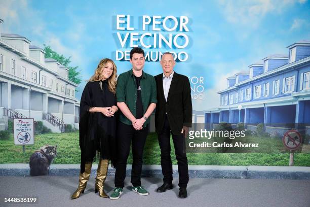 Rita Wilson, Truman Hanks and Tom Hanks attend the 'El Peor Vecino Del Mundo' photocall at the Ritz Mandarin Hotel on December 12, 2022 in Madrid,...