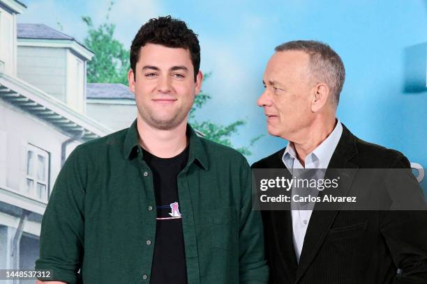 Truman Hanks and Tom Hanks attend the 'El Peor Vecino Del Mundo' photocall at the Ritz Mandarin Hotel on December 12, 2022 in Madrid, Spain.